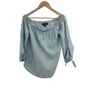 Karen Kane Chambray Tencel Off The Shoulder Tie Sleeve Blouse S